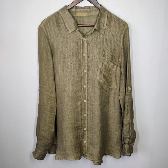 CP Shades Button Down Shirt Womens Medium Green 100% Linen Minimalist Neutral - Picture 1 of 10